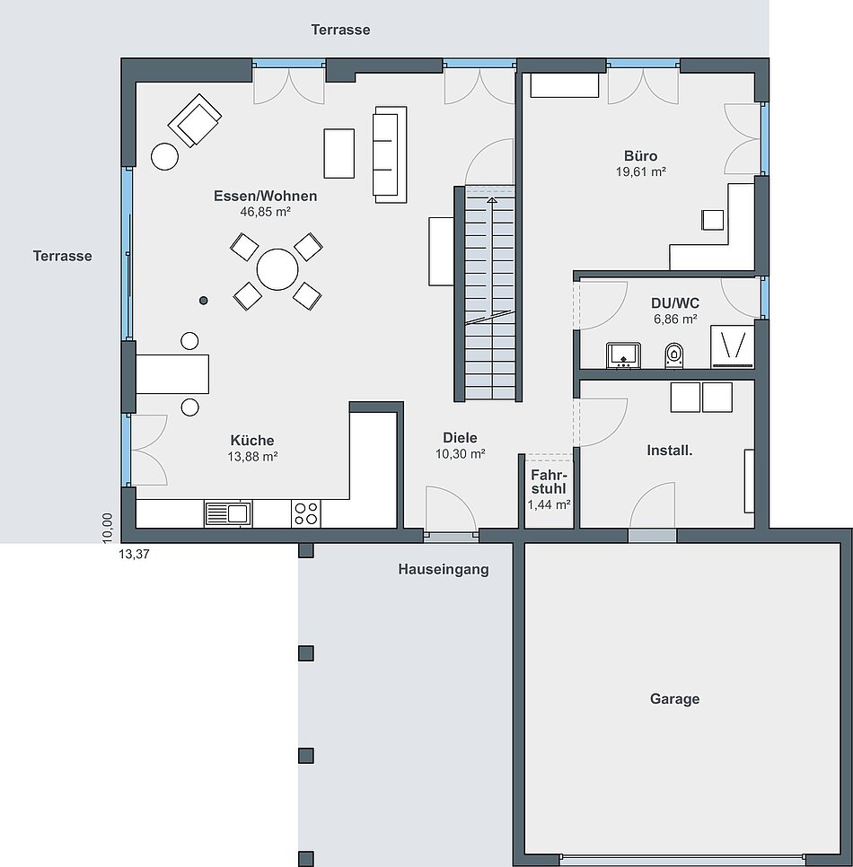 Grundriss Erdgeschoss Grundriss Erdgeschoss - 2-geschossiges Haus im Bauhaus-Stil mit Flachdach