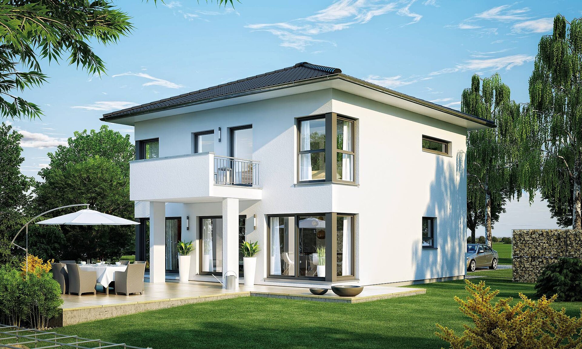 zweigeschossiges Stadthaus mit Zeltdach Musterhaus Außenansicht