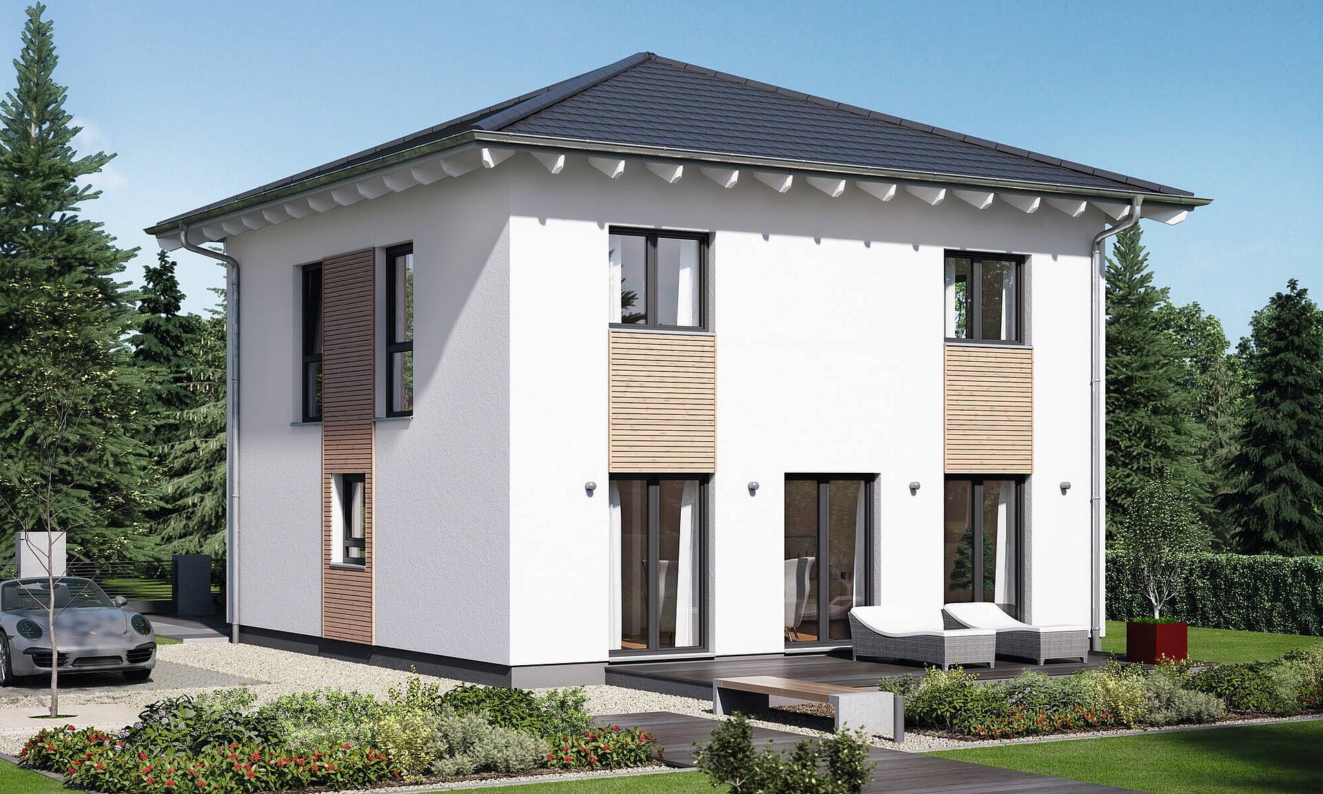 zweigeschossiges Stadthaus mit Walmdach vorgeplantes, WeberHaus, Baureihe, Balance,