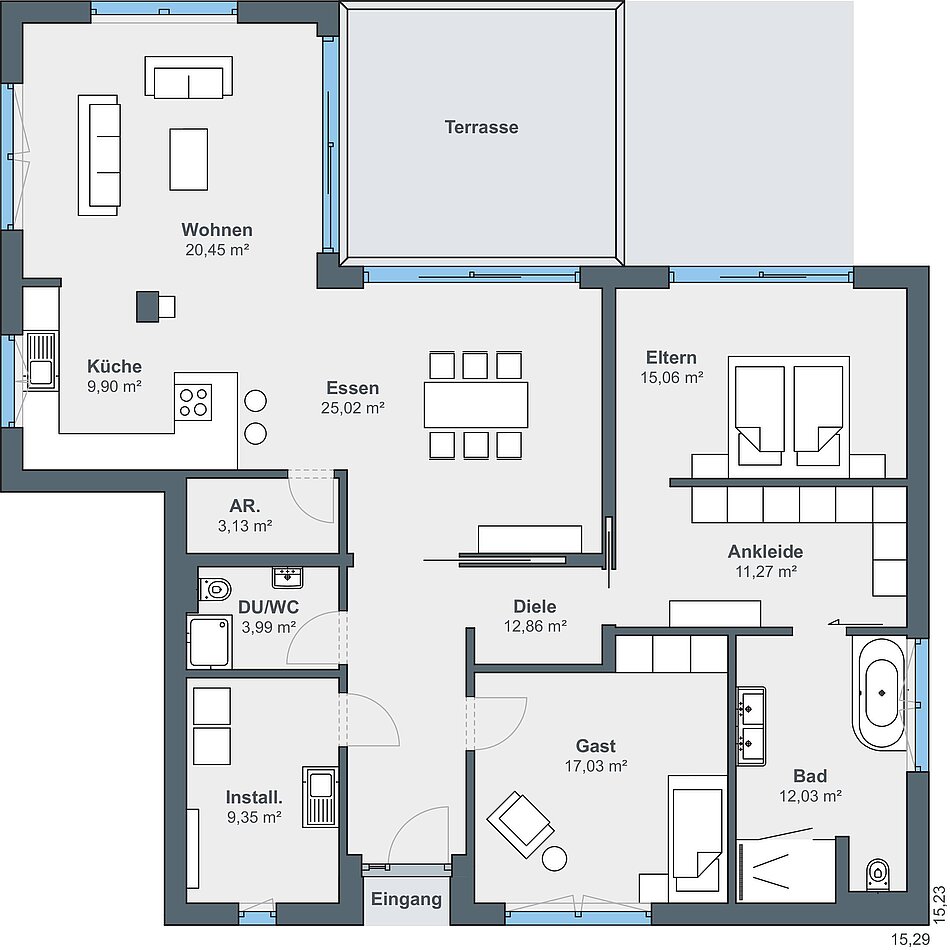 Grundriss Erdgeschoss Grundriss Erdgeschoss - 1-geschossiges Winkelhaus (Bungalow) mit Pultdach versetzt
